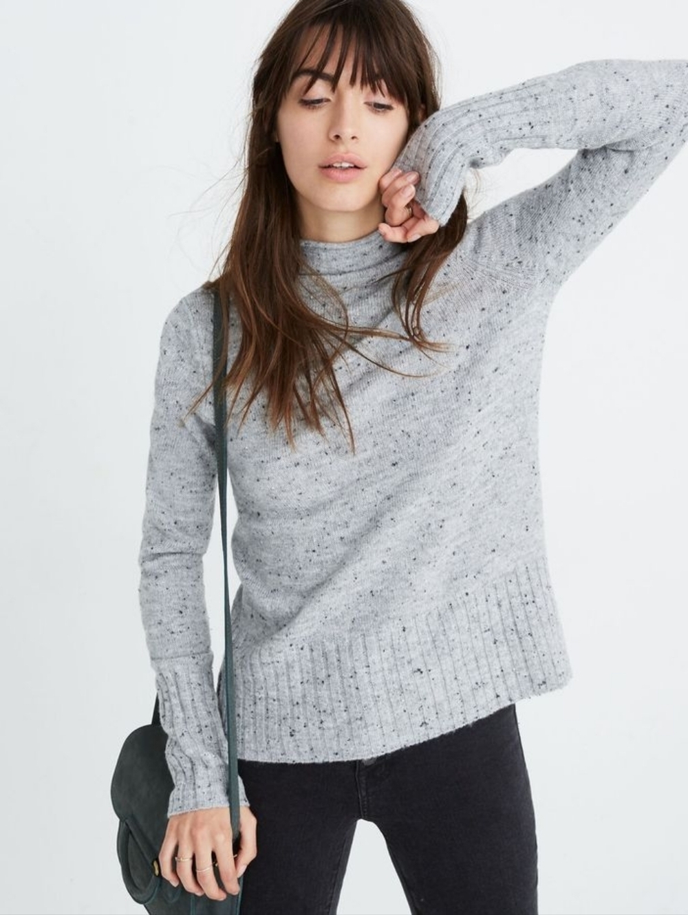 Madewell Donegal Inland Gray Speckled Turtleneck Merino Wool Ribbed Knit Sweater